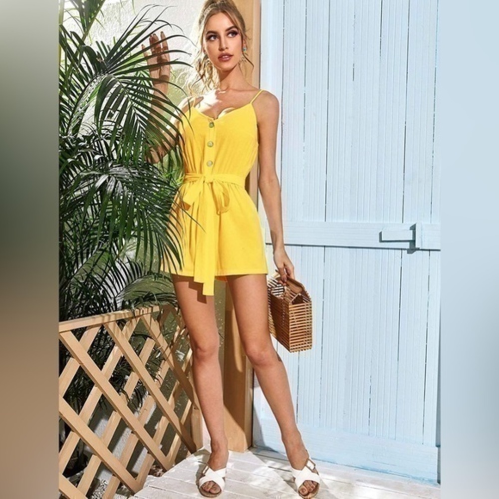 MakeMeChic Button Front Tie High Waist Cami Romper Jumpsuit. Yellow. Large